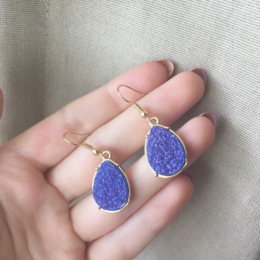 Druzy Resin Blue Violet Gold Hook Drop Earrings - Picture 2 of 6